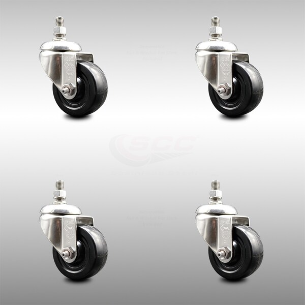 3 Inch 316SS Hard Rubber Wheel Swivel 10mm Threaded Stem Caster Set SCC